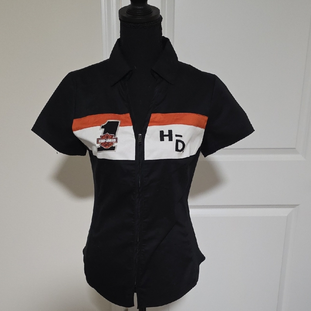 Harley Davidson, Woven, Black and Orange Zip-Up Shirt